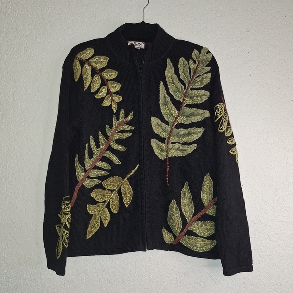Tiara International Sweaters - Vtg Tiara International 2004 Black Knit Full Zip Green Leaves Cardigan Sz XL